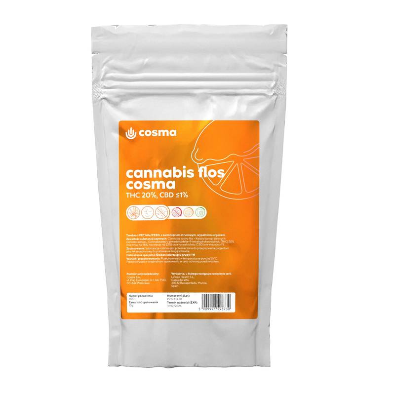 Opakowanie Cannabis flos Cosma THC 20%, CBD ≤1% (Orange Cream Pop)