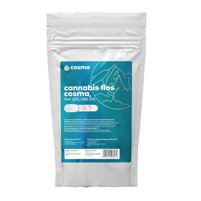 Opakowanie Cannabis flos Cosma THC 22%, CBD ≤1% (Hindu Kush)